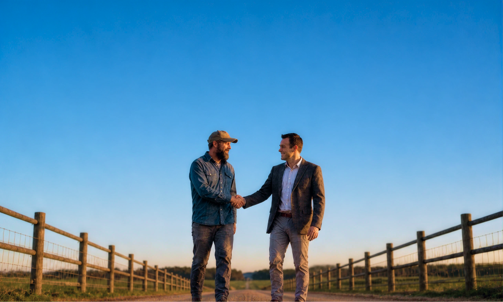 Two agricultural real estate professionals shaking hands on a farm